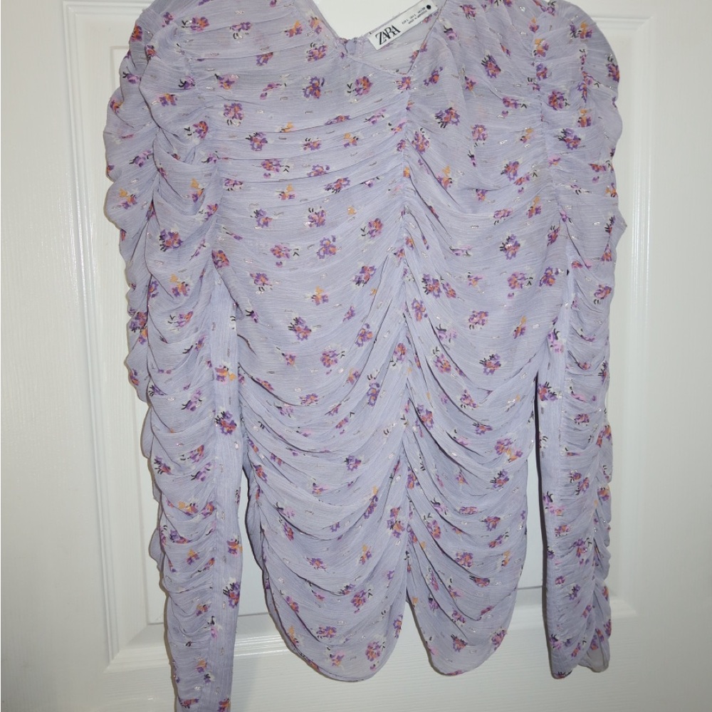 Zara Light Lavender Floral Ruched Long-Sleeve Top